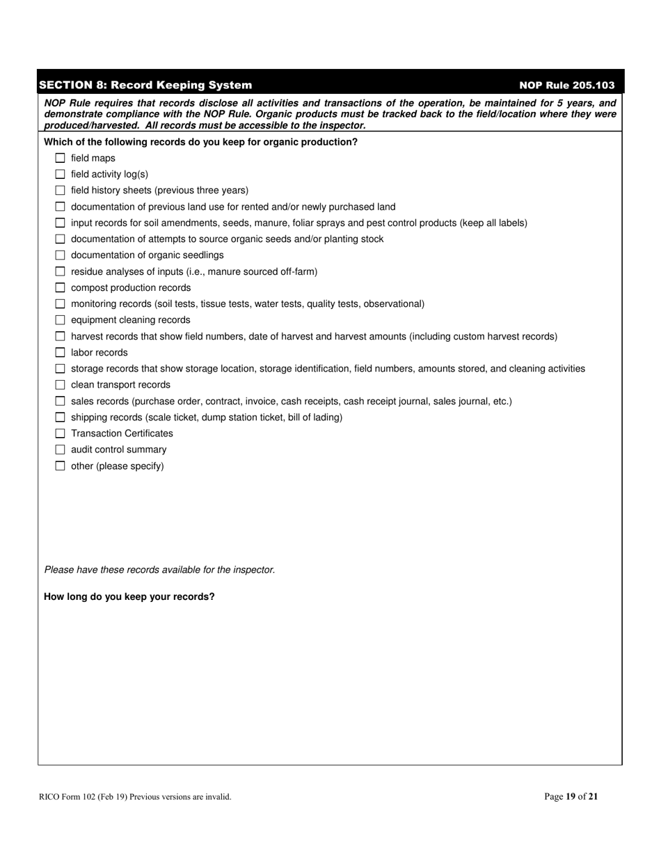 RICO Form 102 Rhode Island Certified Organic Farm Plan Questionnaire - Rhode Island, Page 19