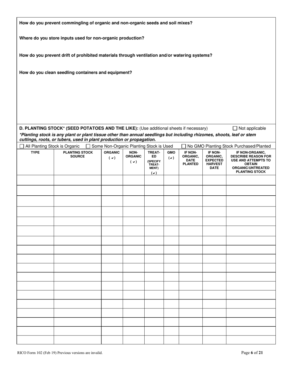 RICO Form 102 Rhode Island Certified Organic Farm Plan Questionnaire - Rhode Island, Page 6