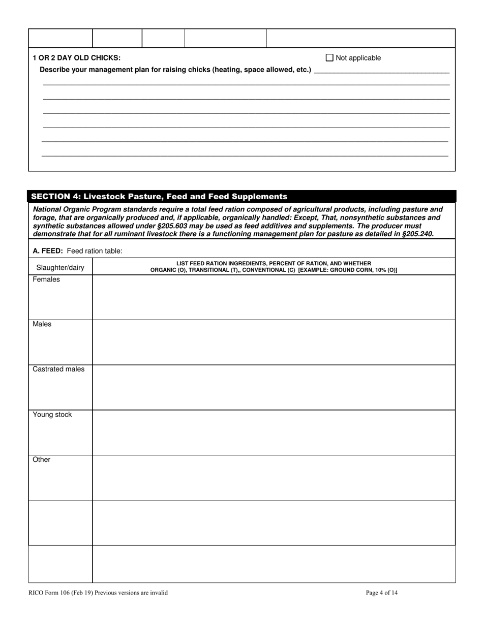 RICO Form 106 Organic Livestock Plan Questionnaire - Rhode Island, Page 4