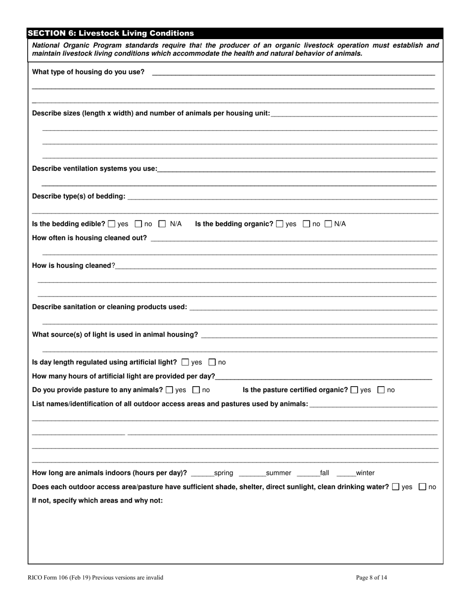 RICO Form 106 Organic Livestock Plan Questionnaire - Rhode Island, Page 8