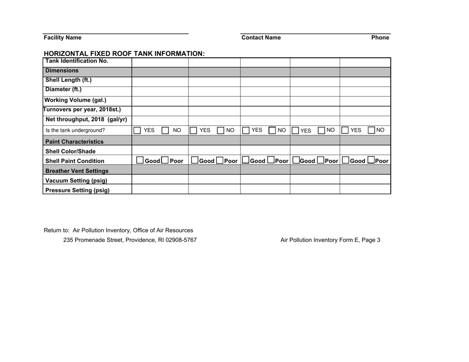 API Form E3 Horizontal Fixed Roof Tank - Rhode Island, Page 1