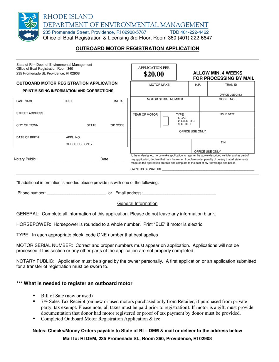 Rhode Island Outboard Motor Registration Application Download Printable