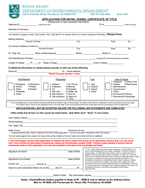 Application for Initial Vessel Certificate of Title - Rhode Island