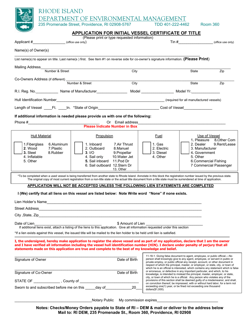 Application for Initial Vessel Certificate of Title - Rhode Island, Page 1