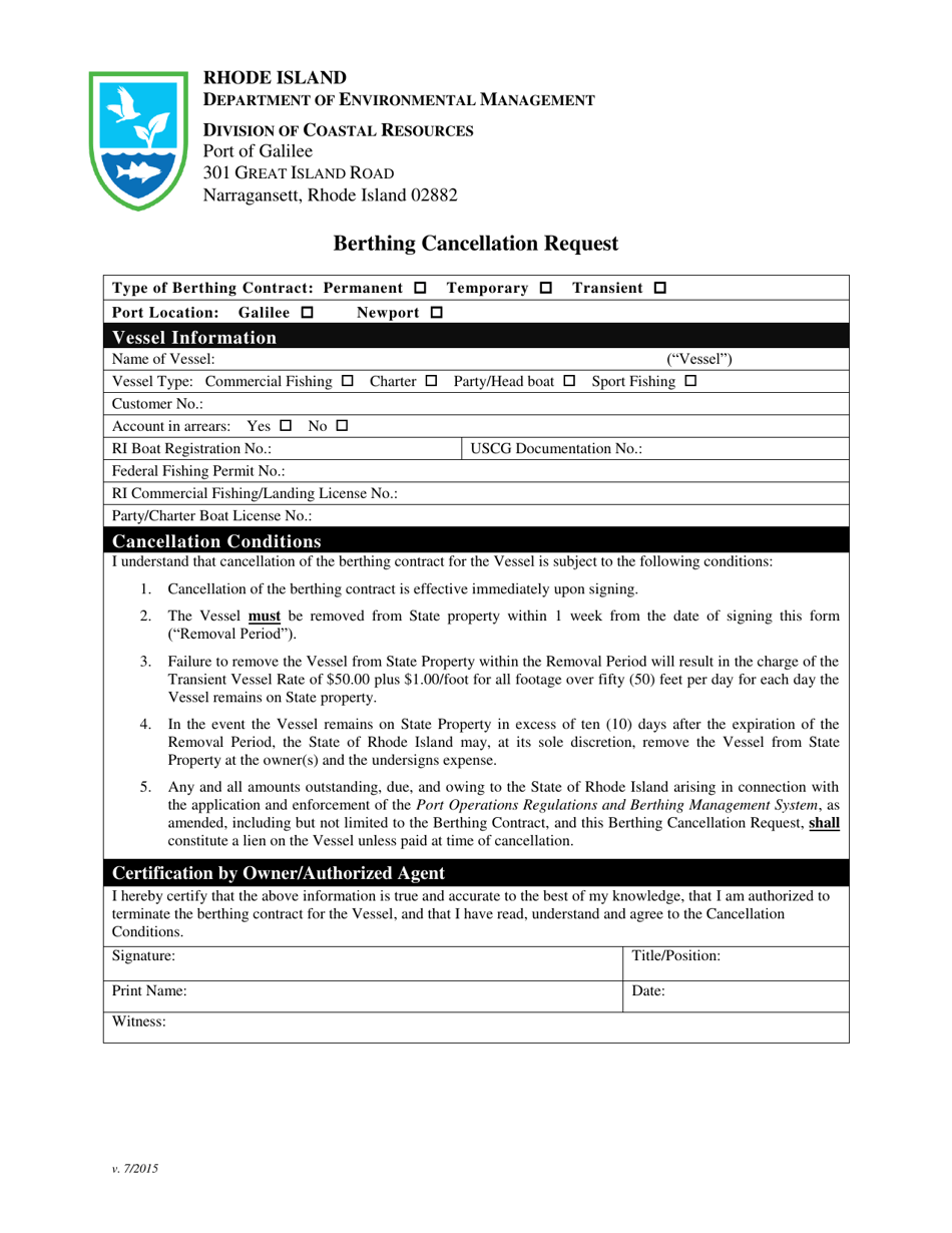 Berthing Cancellation Request - Rhode Island, Page 1