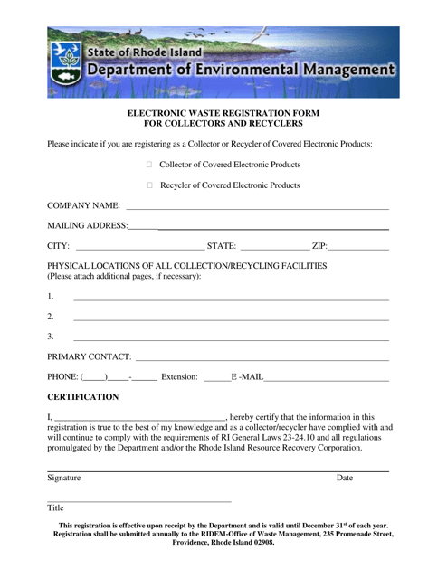 Electronic Waste Registration Form for Collectors and Recyclers - Rhode Island Download Pdf