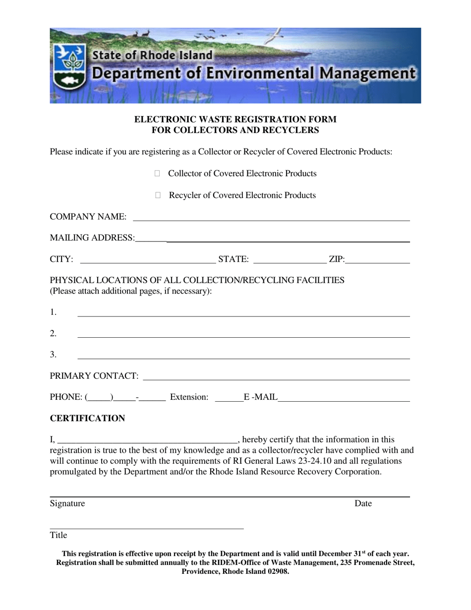 Electronic Waste Registration Form for Collectors and Recyclers - Rhode Island, Page 1