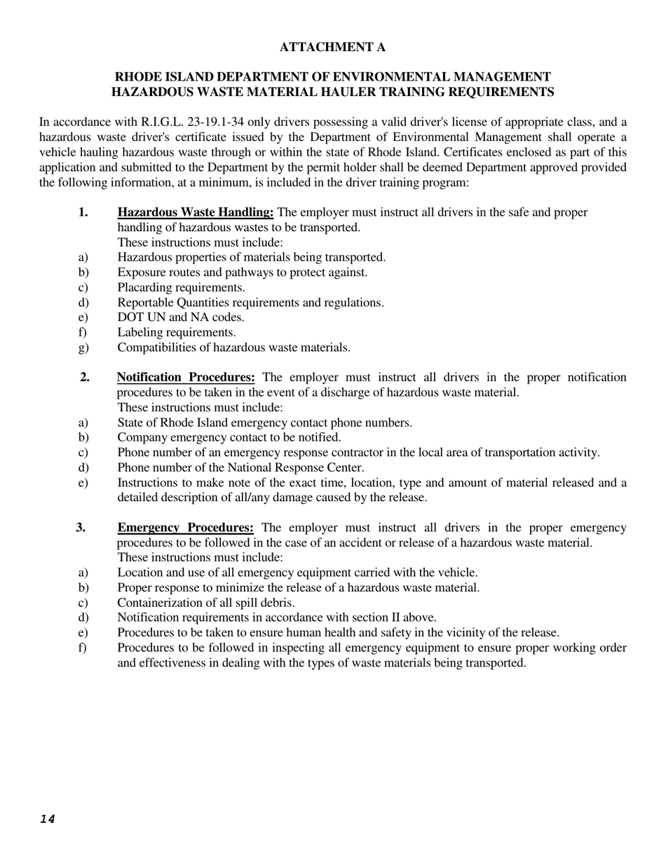 Hazardous Waste Transporter Application Form - Rhode Island, Page 14