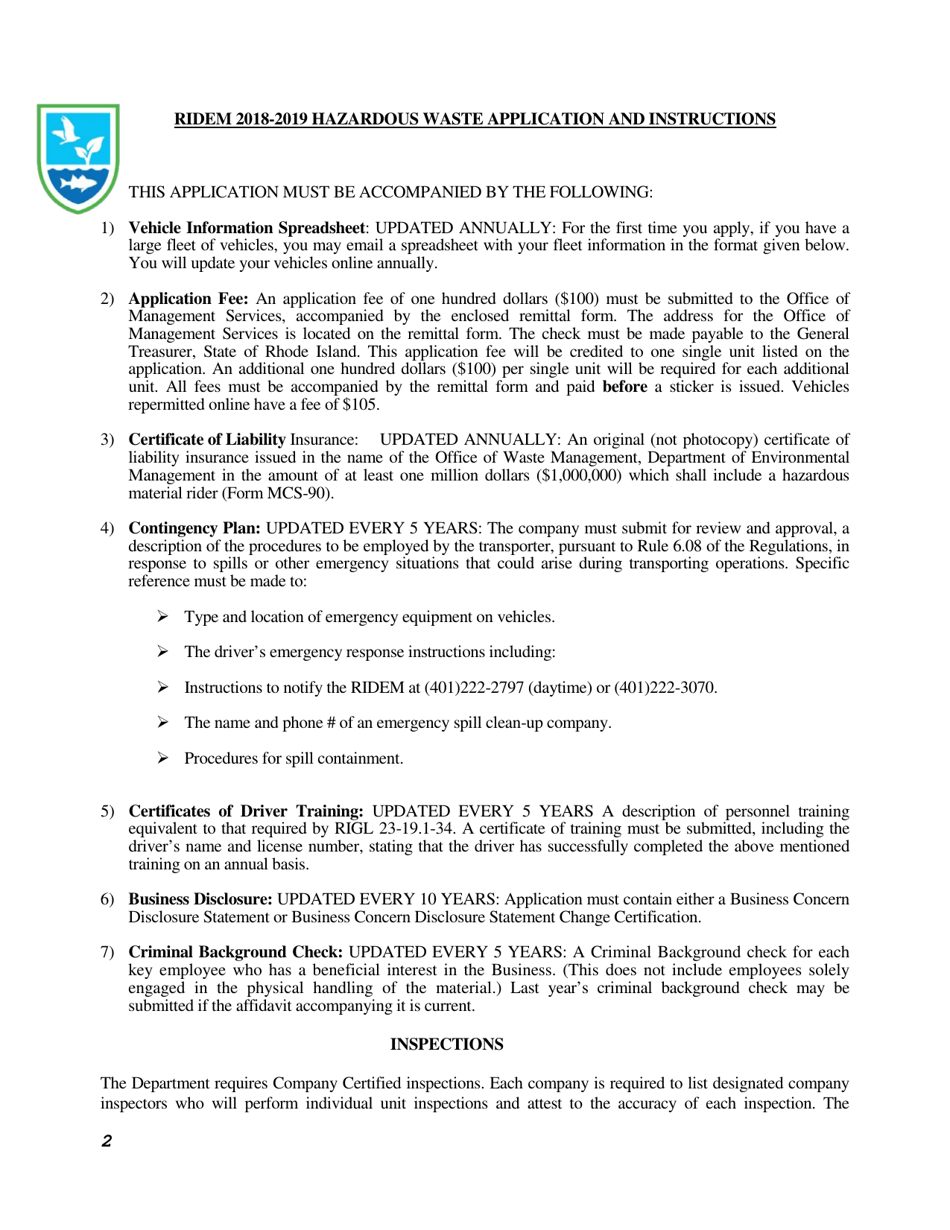 Hazardous Waste Transporter Application Form - Rhode Island, Page 2