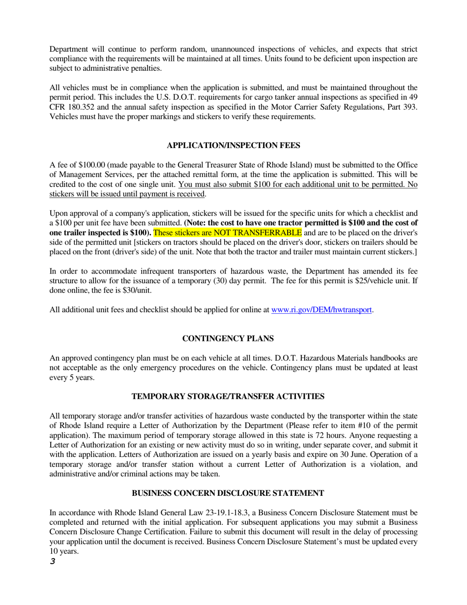 Hazardous Waste Transporter Application Form - Rhode Island, Page 3