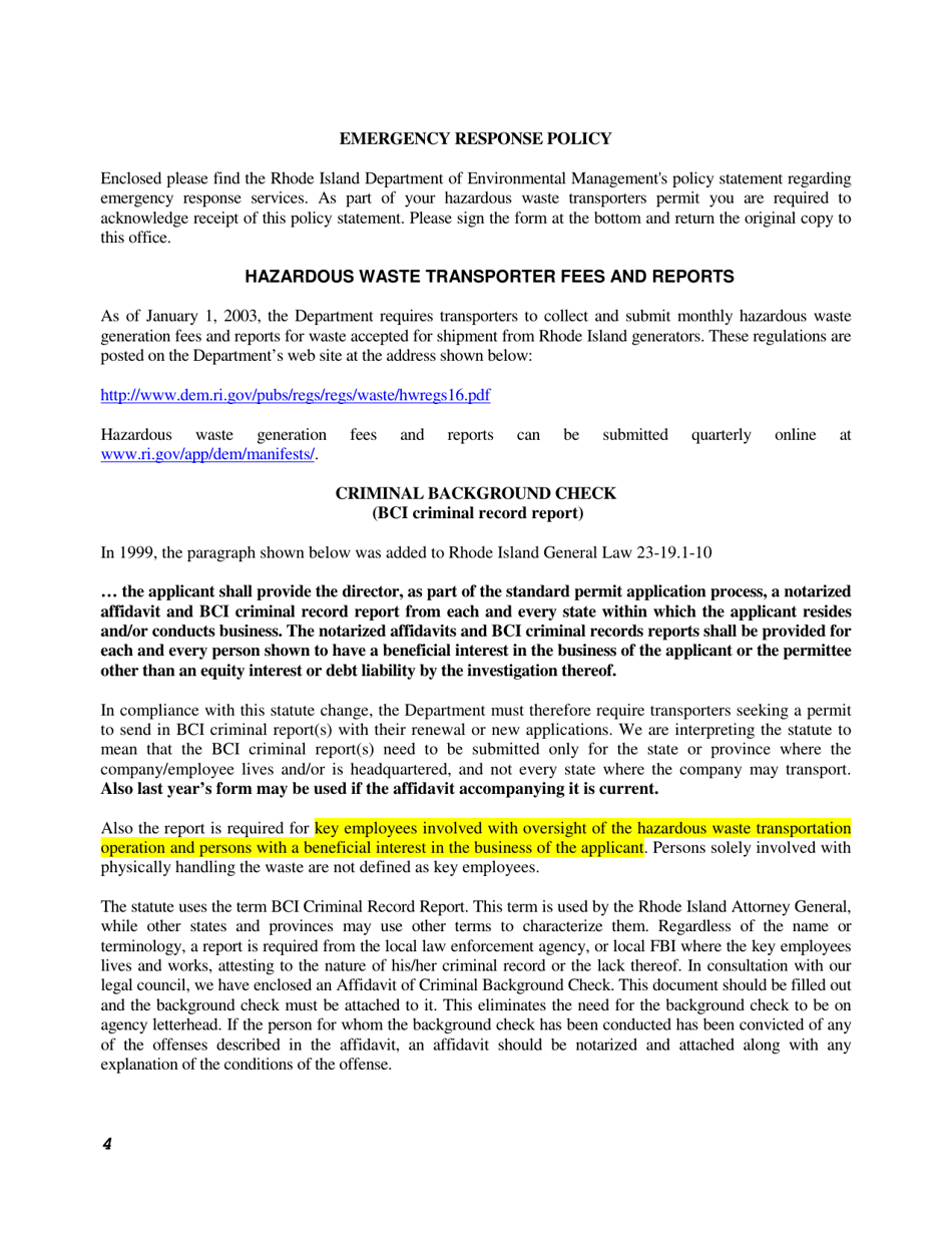 Hazardous Waste Transporter Application Form - Rhode Island, Page 4