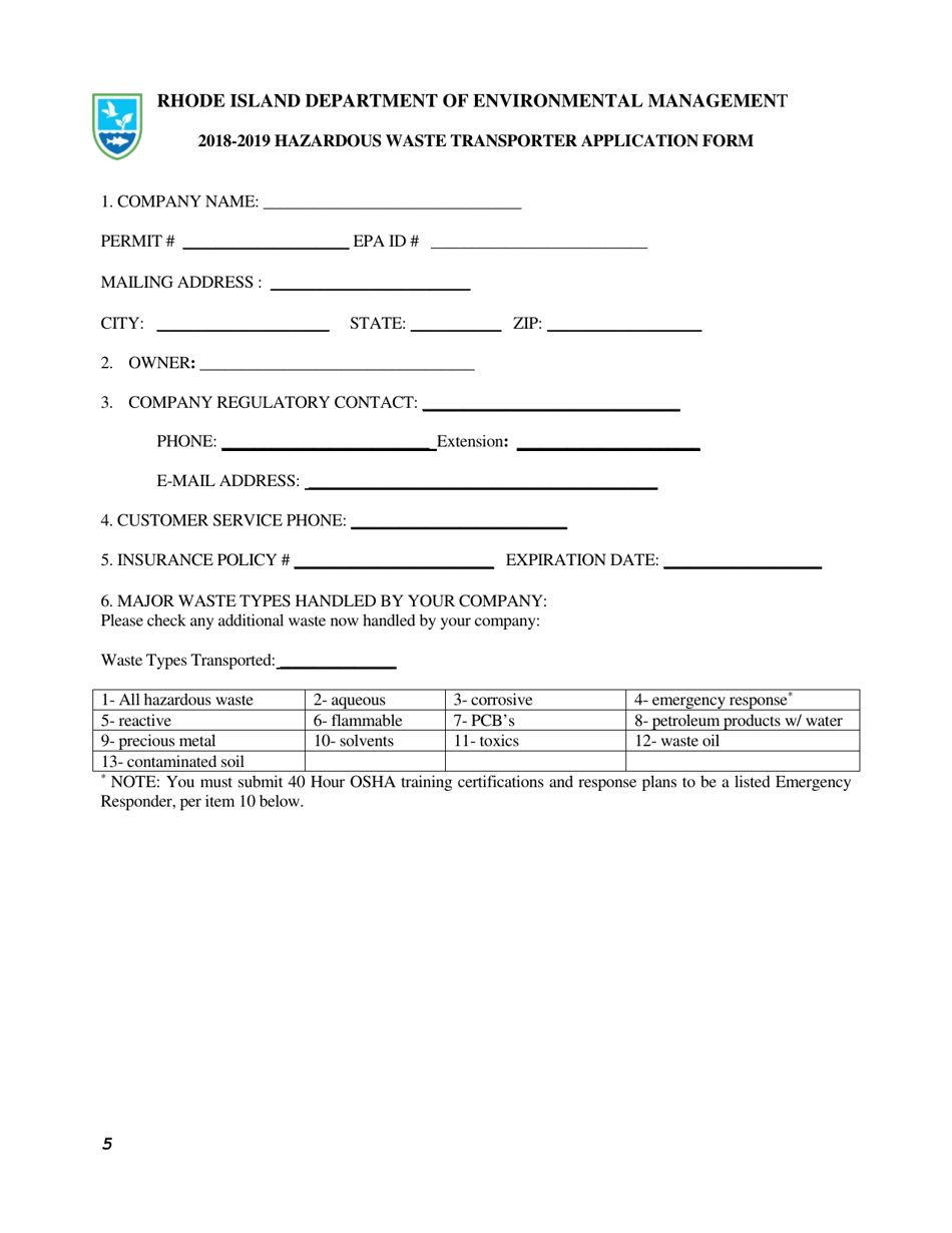 Hazardous Waste Transporter Application Form - Rhode Island, Page 5