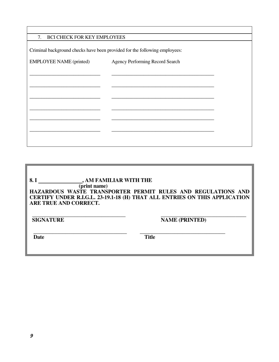 Hazardous Waste Transporter Application Form - Rhode Island, Page 9