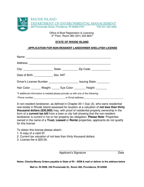Application for Non-resident Landowner Shellfish License - Rhode Island Download Pdf