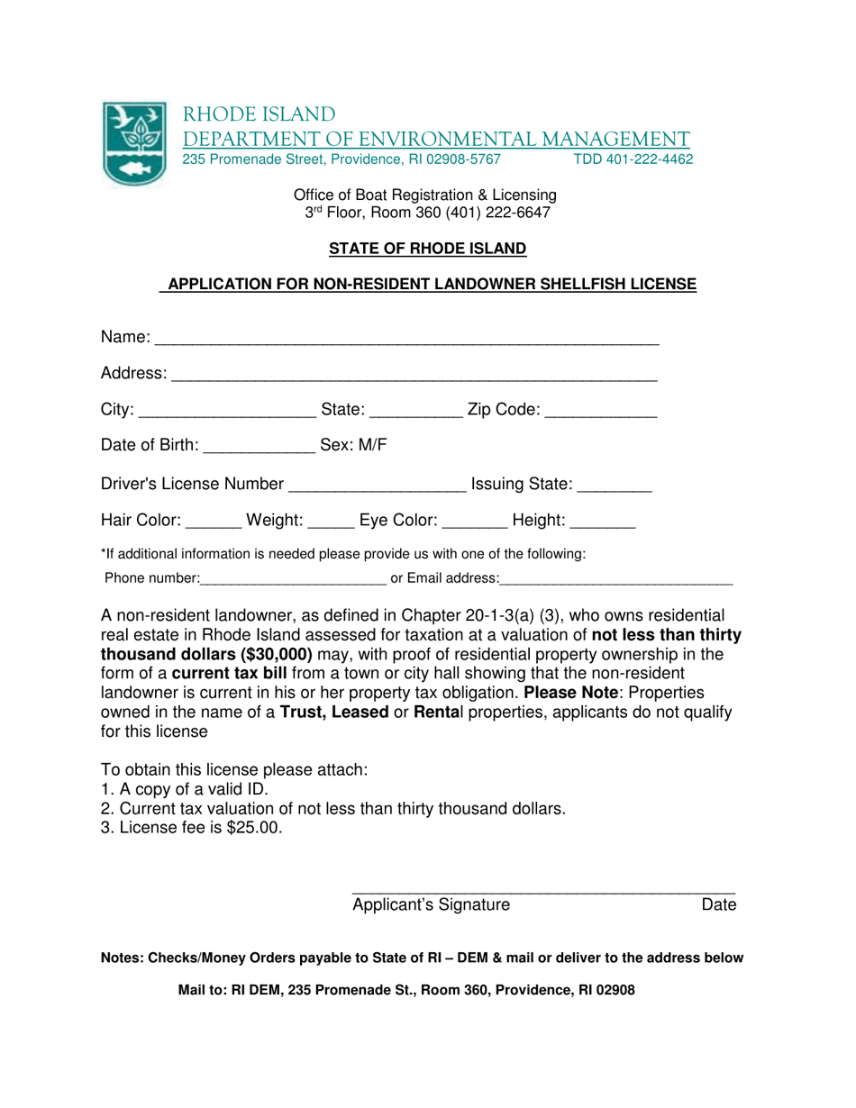 Application for Non-resident Landowner Shellfish License - Rhode Island, Page 1