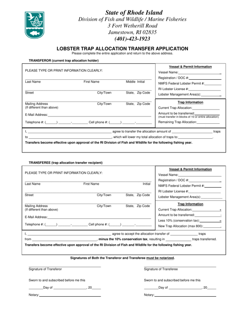 Lobster Trap Allocation Transfer Application Form - Rhode Island Download Pdf