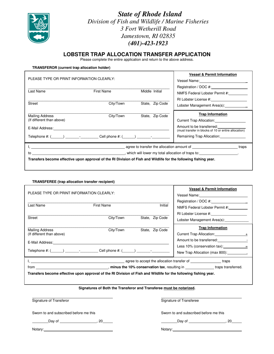 Lobster Trap Allocation Transfer Application Form - Rhode Island, Page 1