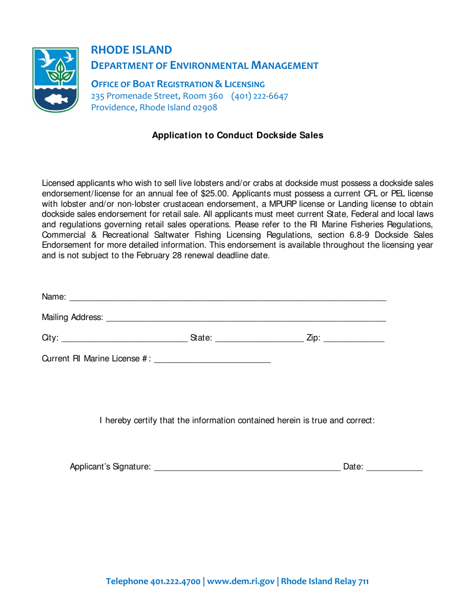 Application to Conduct Dockside Sales - Rhode Island, Page 1