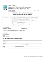 Document preview: Application for Native Wild Animal Possession/Importation Permit - Rhode Island