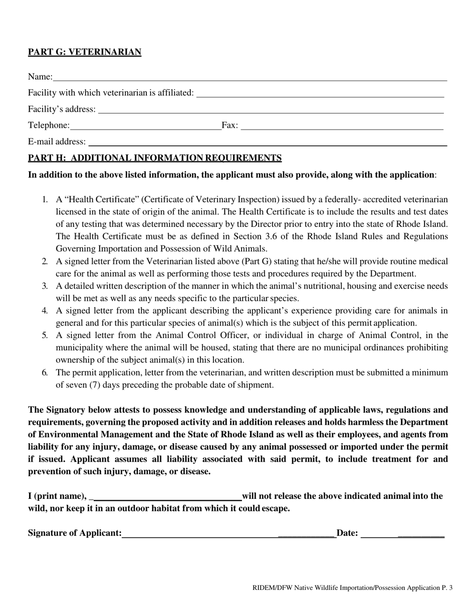 Application for Native Wild Animal Possession / Importation Permit - Rhode Island, Page 3
