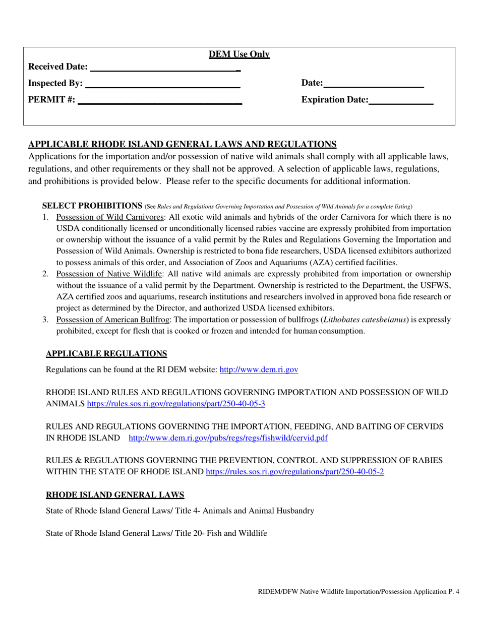 Application for Native Wild Animal Possession / Importation Permit - Rhode Island, Page 4