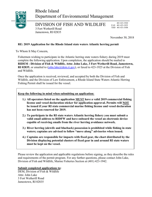 Application for the Rhode Island State Waters Atlantic Herring Permit - Rhode Island, 2019