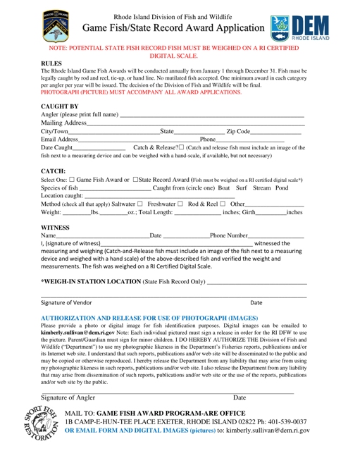 Game/Fish State Award Application Form - Rhode Island