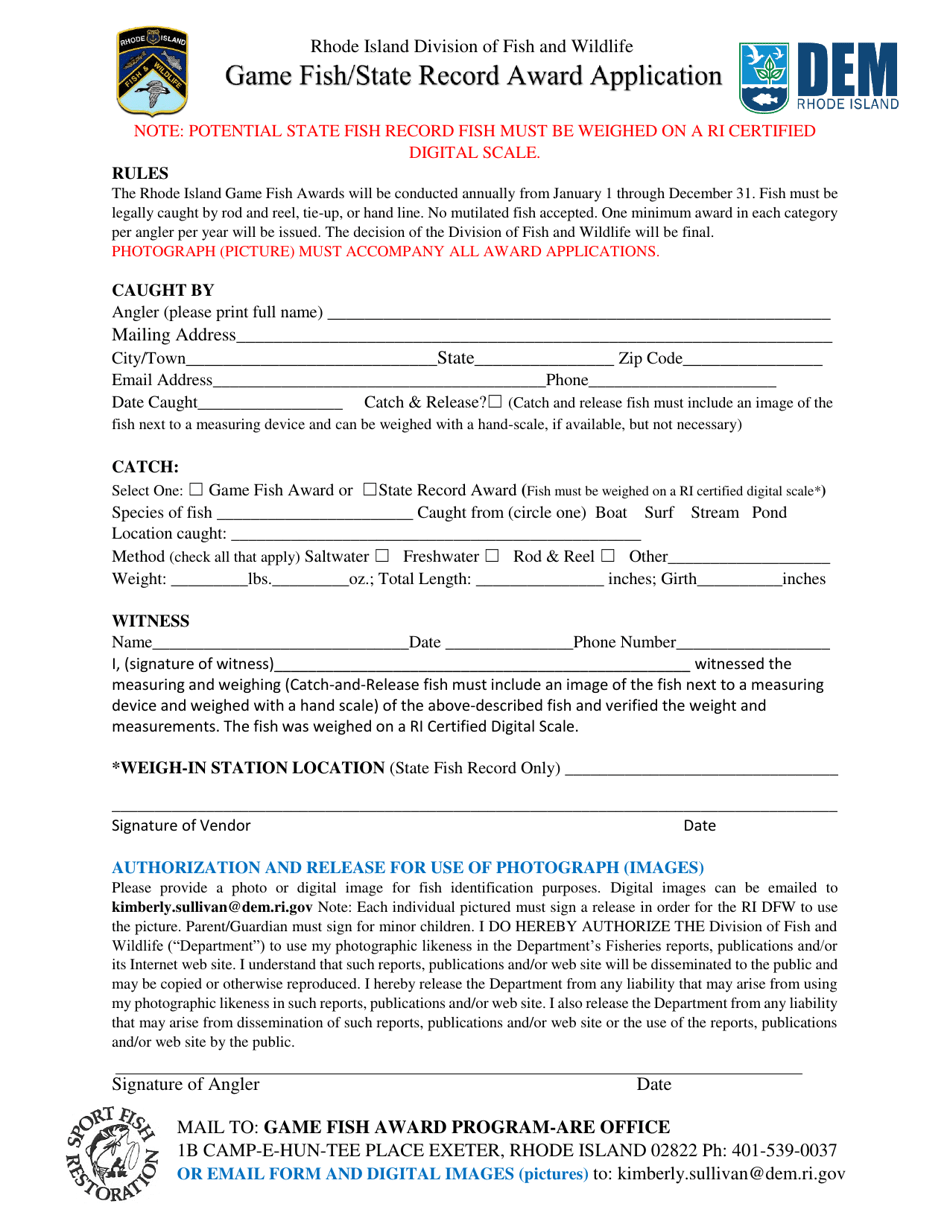 Rhode Island Game/Fish State Award Application Form - Fill Out, Sign ...