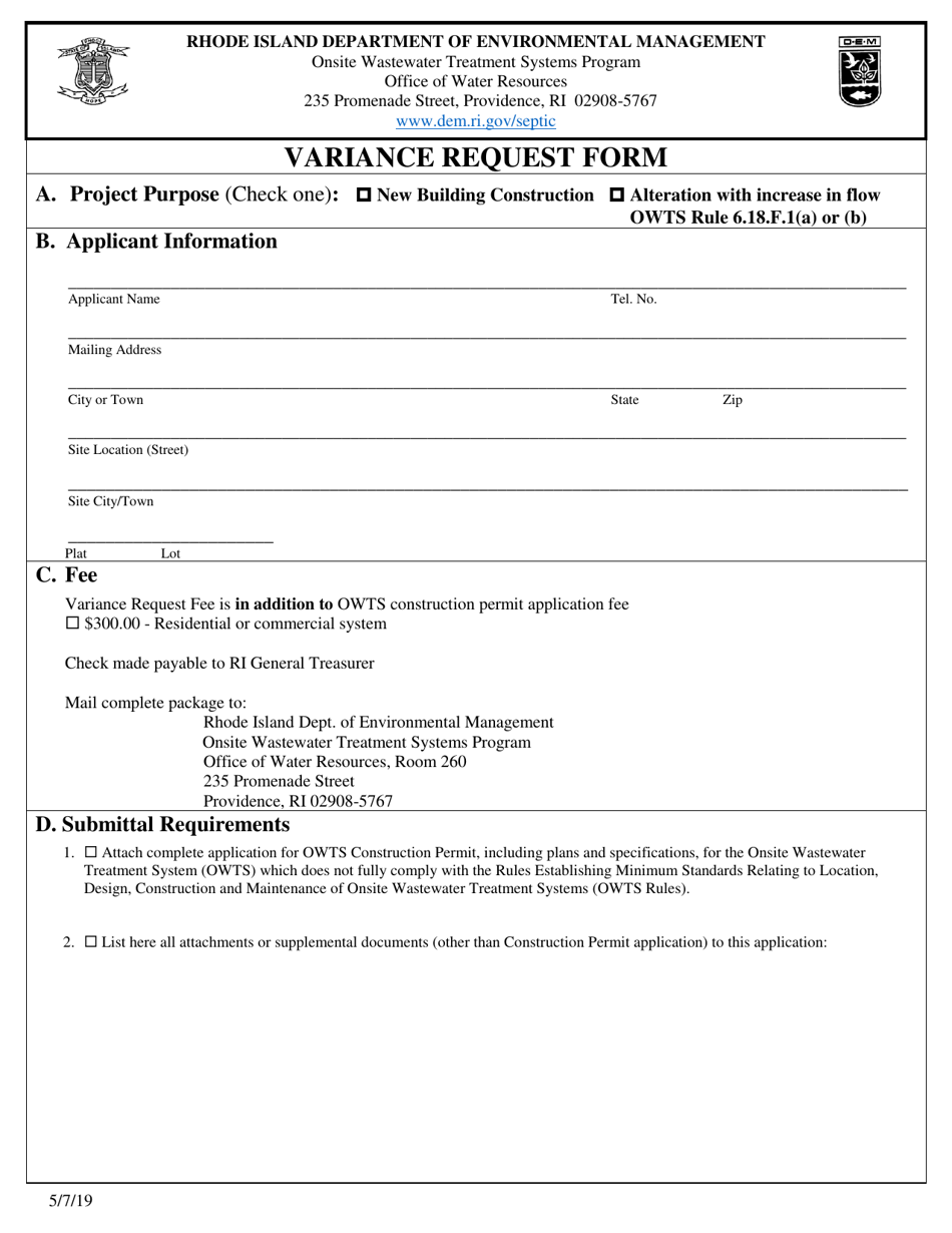 Variance Request Form - Rhode Island, Page 1
