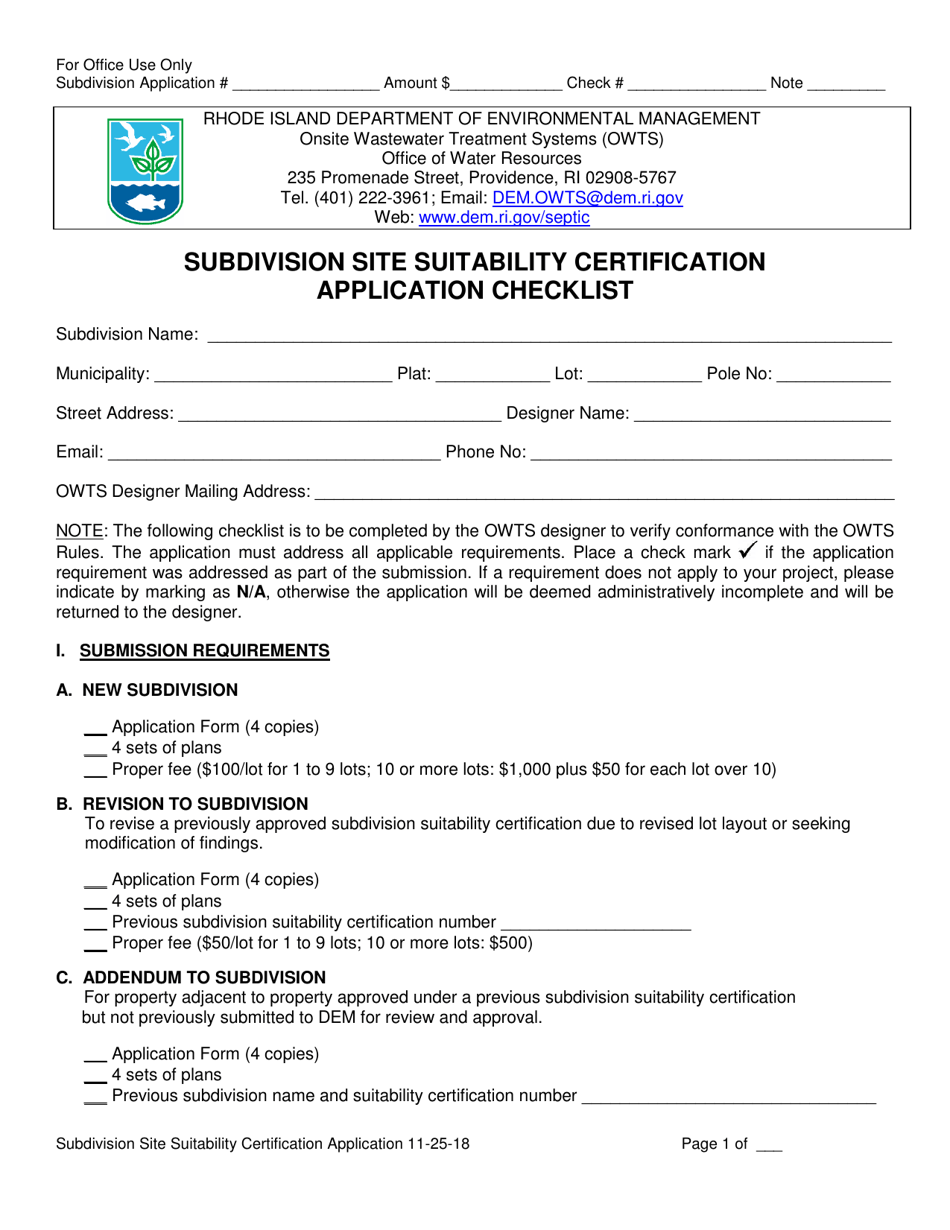 Subdivision Site Suitability Certification Application - Rhode Island, Page 1