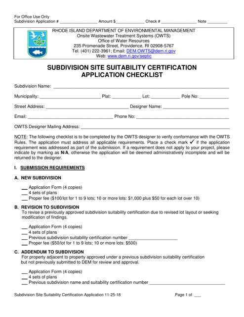 Subdivision Site Suitability Certification Application - Rhode Island Download Pdf
