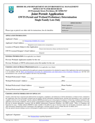 Document preview: Joint Owts/ Wetland Permit Application Form - Rhode Island