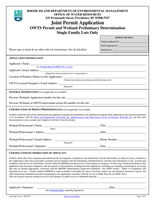 Joint Owts / Wetland Permit Application Form - Rhode Island Download Pdf