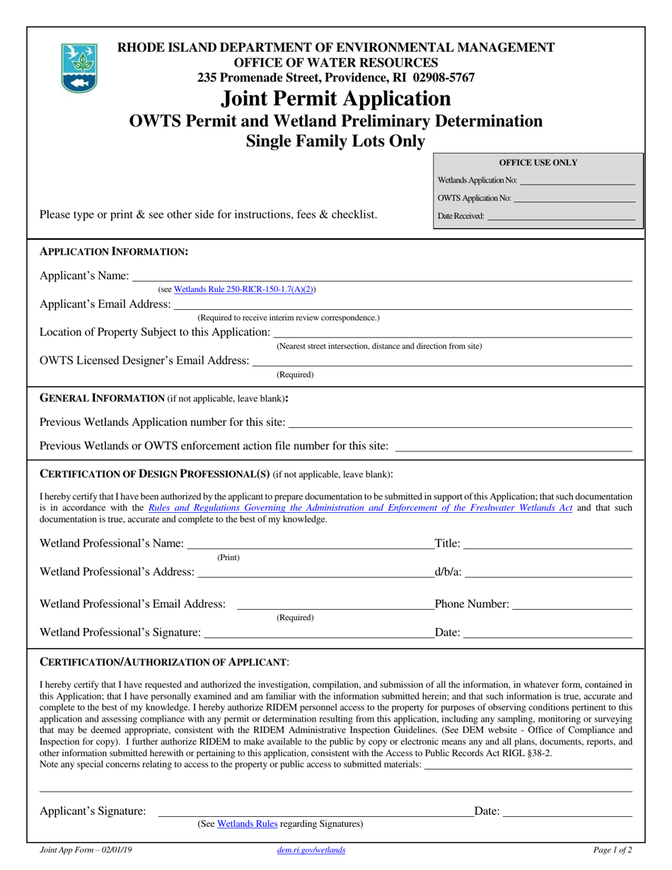 Joint Owts / Wetland Permit Application Form - Rhode Island, Page 1