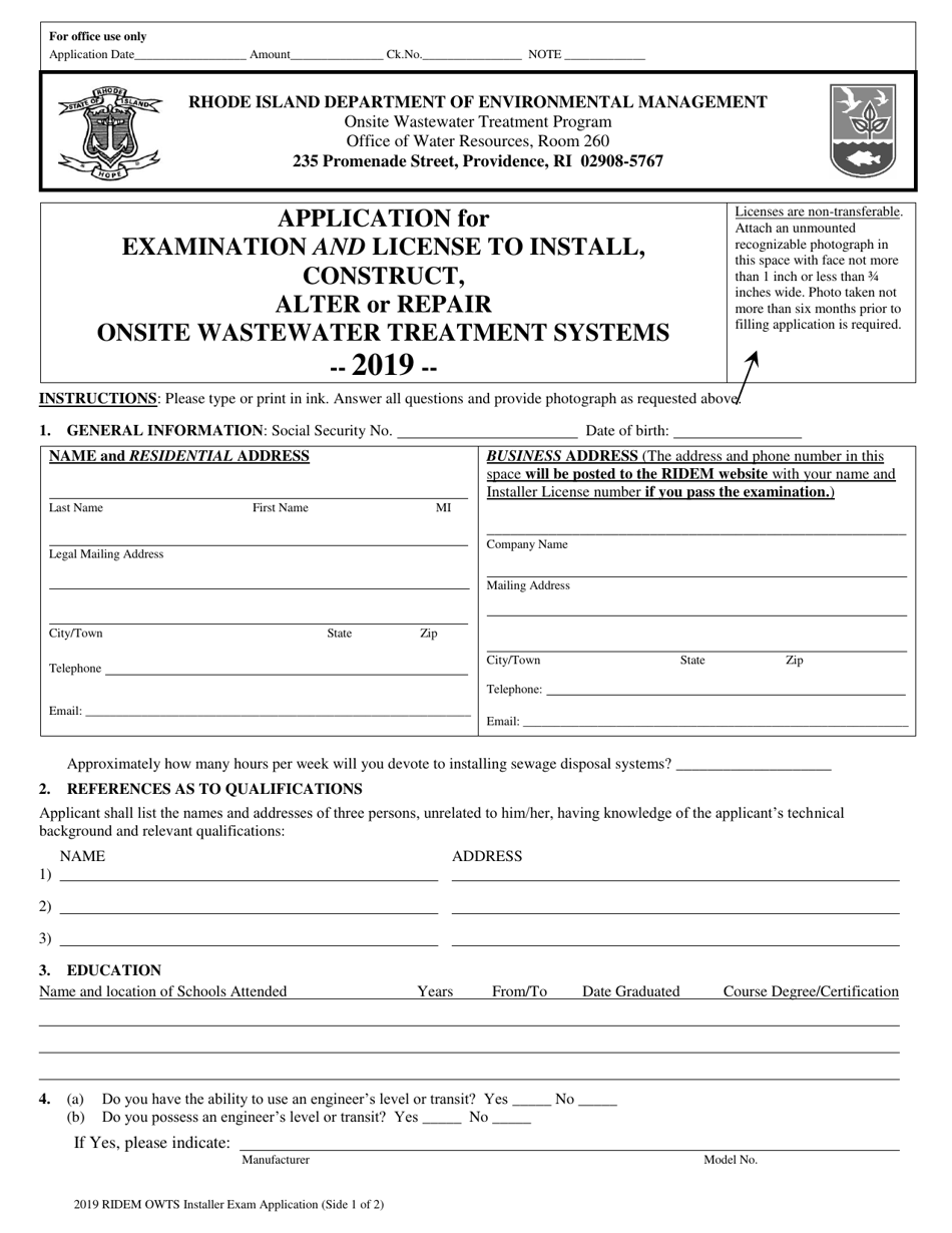 Application for Examination and License to Install, Construct, Alter or Repair Onsite Wastewater Treatment Systems - Rhode Island, Page 1