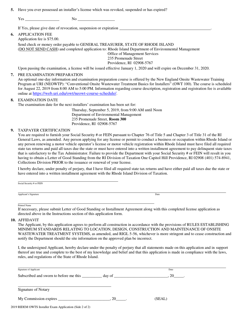 Application for Examination and License to Install, Construct, Alter or Repair Onsite Wastewater Treatment Systems - Rhode Island, Page 2
