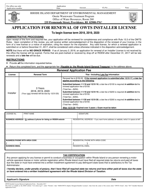 Application for Renewal of Owts Installer License - Rhode Island, 2019