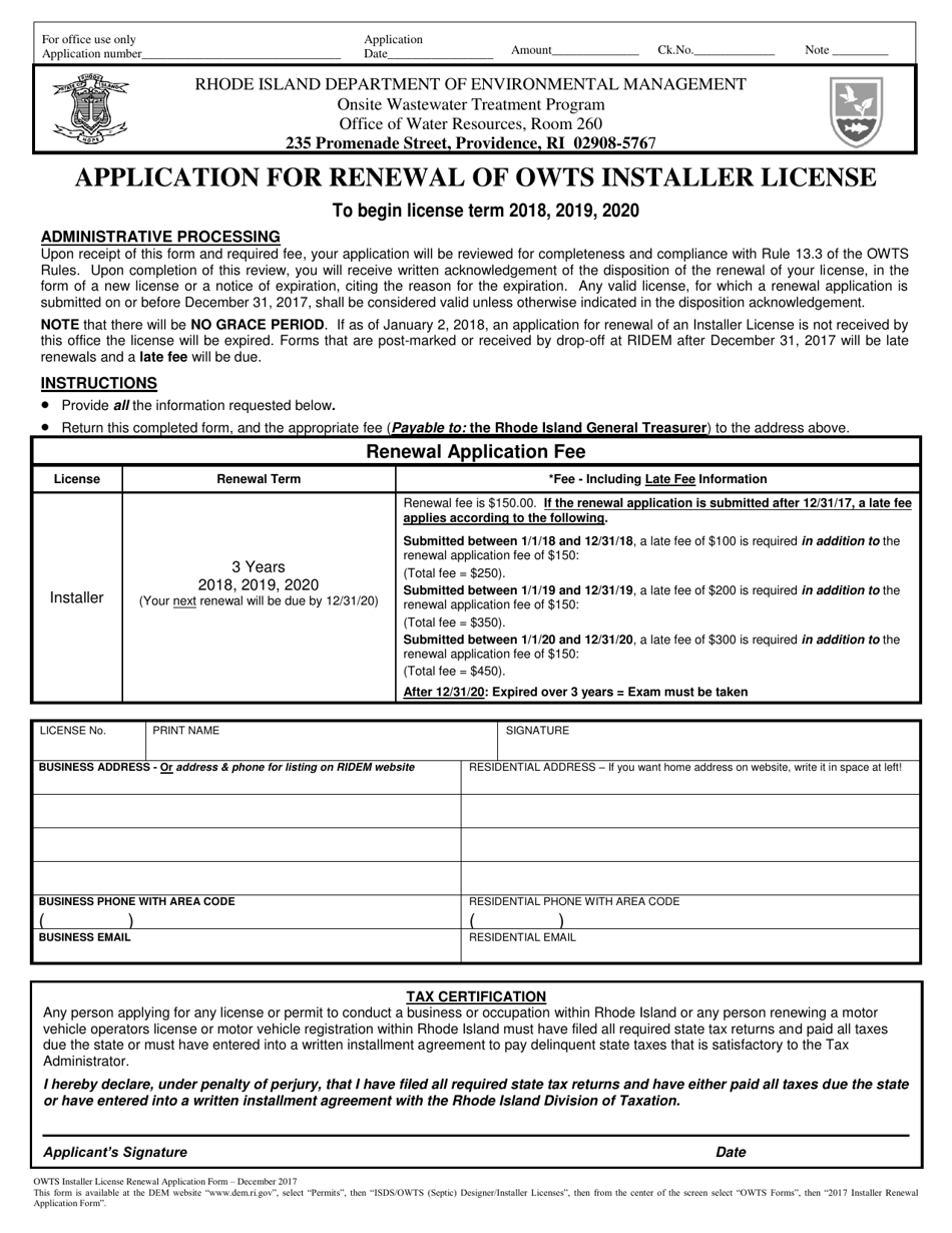 Application for Renewal of Owts Installer License - Rhode Island, Page 1