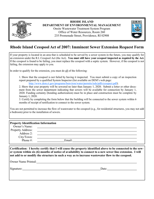 Imminent Sewer Extension Request Form - Rhode Island Download Pdf