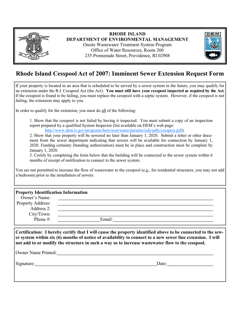 Imminent Sewer Extension Request Form - Rhode Island, Page 1
