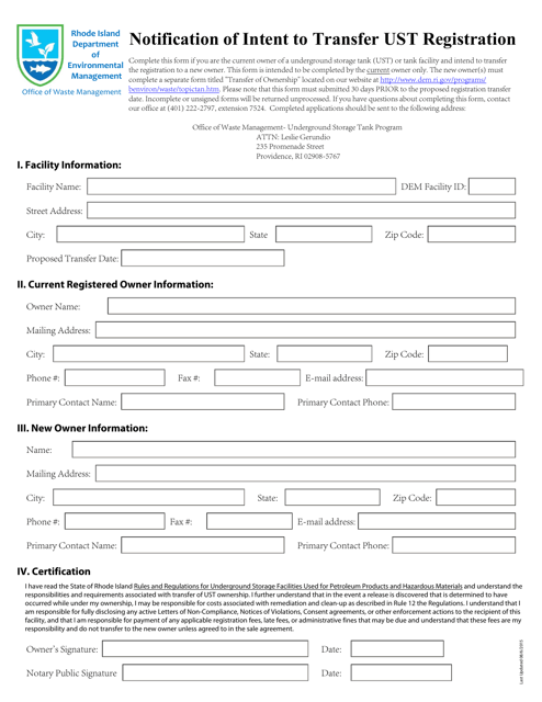 Notification of Intent to Transfer Ust Registration - Rhode Island Download Pdf