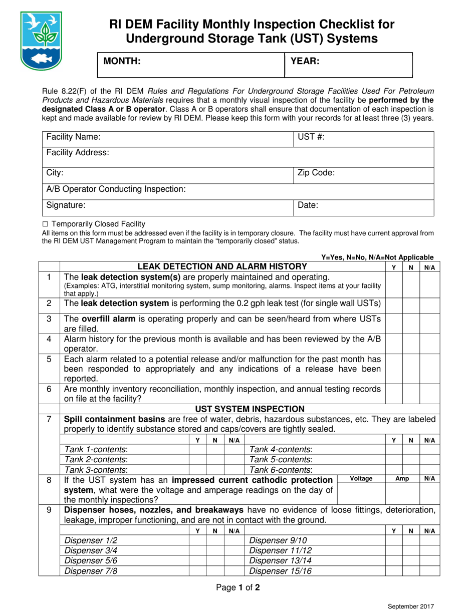 Ri Dem Facility Monthly Inspection Checklist for Underground Storage Tank (Ust) Systems - Rhode Island, Page 1