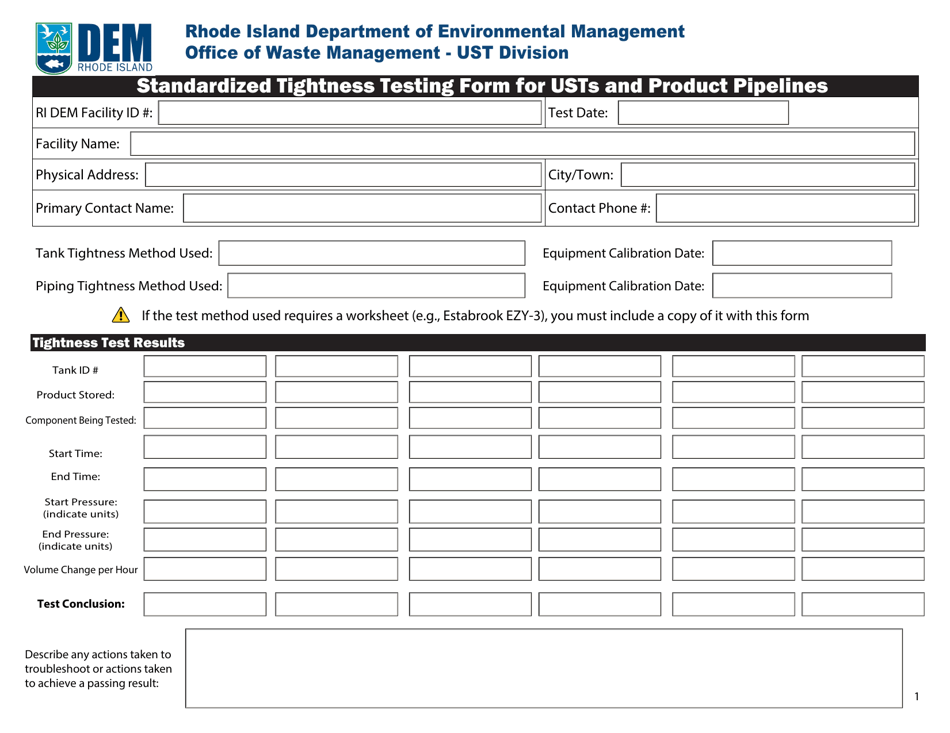 Standardized Tightness Testing Form for Usts and Product Pipelines - Rhode Island, Page 1