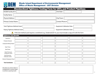 Document preview: Standardized Tightness Testing Form for Usts and Product Pipelines - Rhode Island