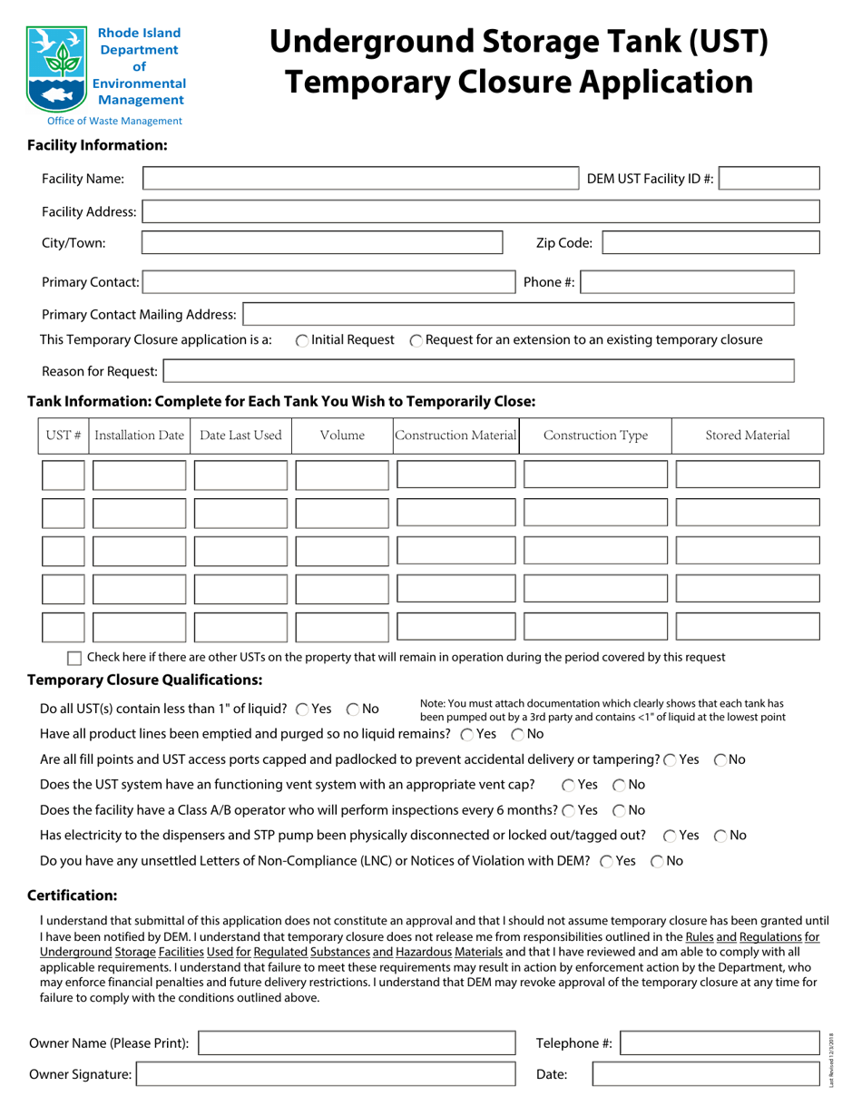 Underground Storage Tank (Ust) Temporary Closure Application Form - Rhode Island, Page 2