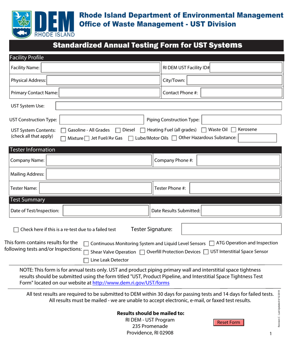 Standardized Annual Testing Form for Ust Systems - Rhode Island, Page 1