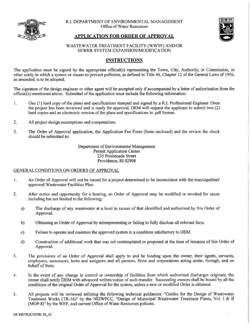 Application for Order of Approval for Wastewater Treatment Facility(Wwtf) and / or Sewer System Expansion Modification - Rhode Island Download Pdf