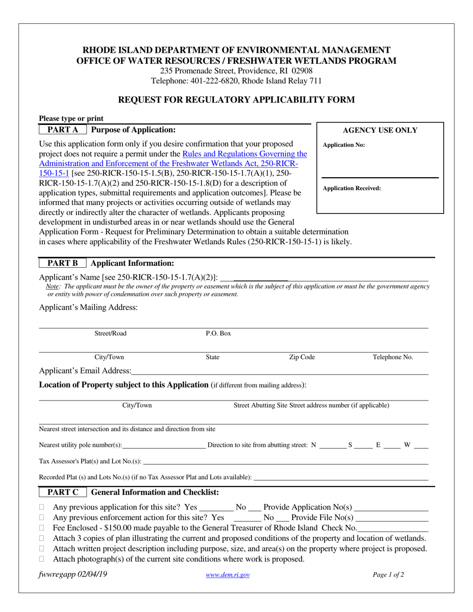 Request for Regulatory Applicability Form - Rhode Island, Page 1