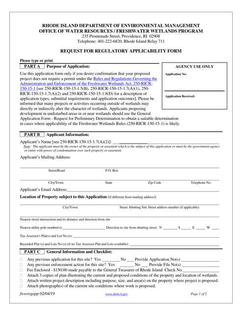 Request for Regulatory Applicability Form - Rhode Island Download Pdf