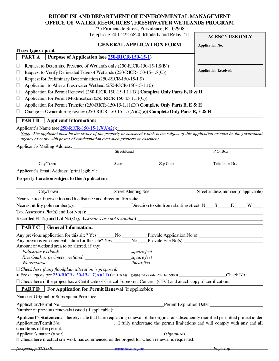 Rhode Island General Application Form Download Printable PDF